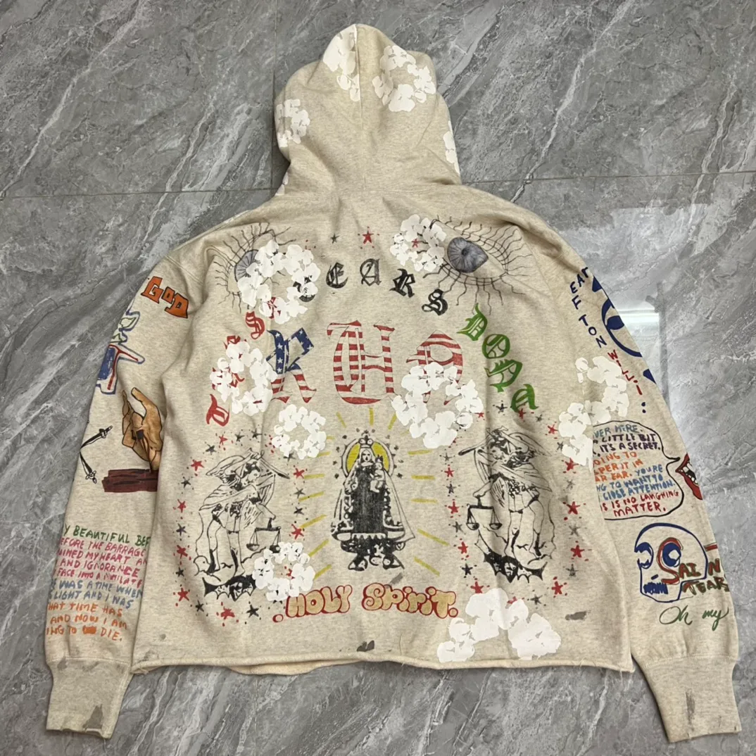 DENIM TEARS × ©SAINT M×××××× "SAINT TEARS" Graffiti Hoodie 22ss co-branded cotton graffiti hoodie, full printed washed distressed hole Vintage sweatshirt, gray S-XL, super heavy duty! The whole piece is printed with 35 screens and counterpoint printing!